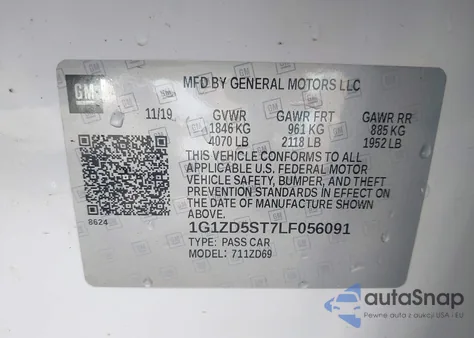 2020 Chevrolet Malibu Fwd Lt z USA, uszkodzony, nr VIN 1G1ZD5ST7LF056091